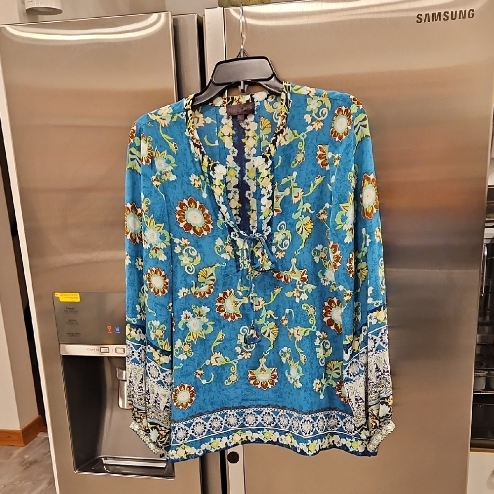 Hale Bob Blue Floral Print Blouse ~ 100% Silk Small Nwot